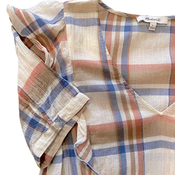 Madewell ruffle plaid lightweight blouse size small - Picture 6 of 7